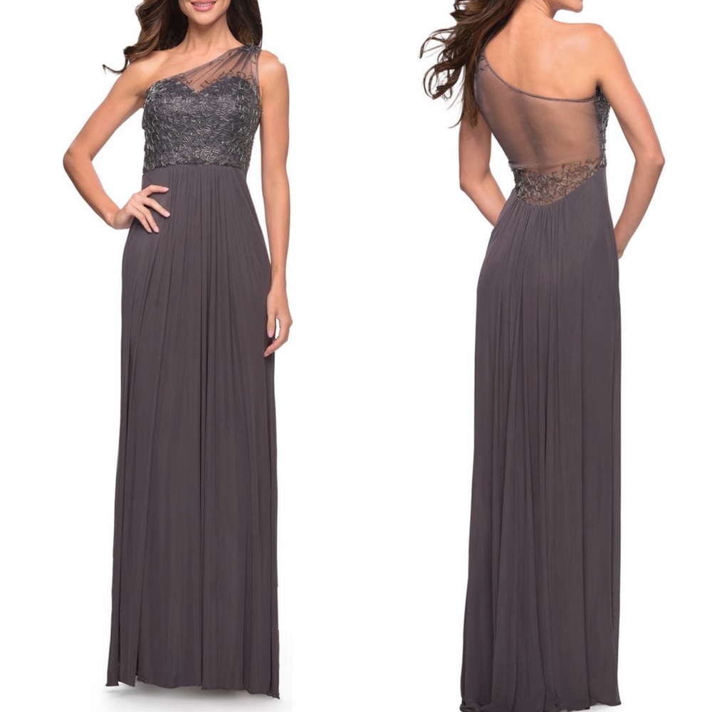 La Femme Beaded One Shoulder Mesh and Jersey Gown NWOT